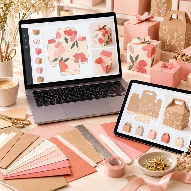 Editable packaging templates shown on a laptop and tablet