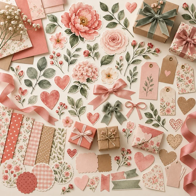Floral clip art, ribbons and decorative paper elements
