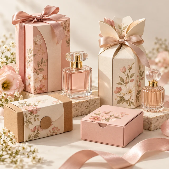 Perfume and cosmetics gift boxes with glass bottles
